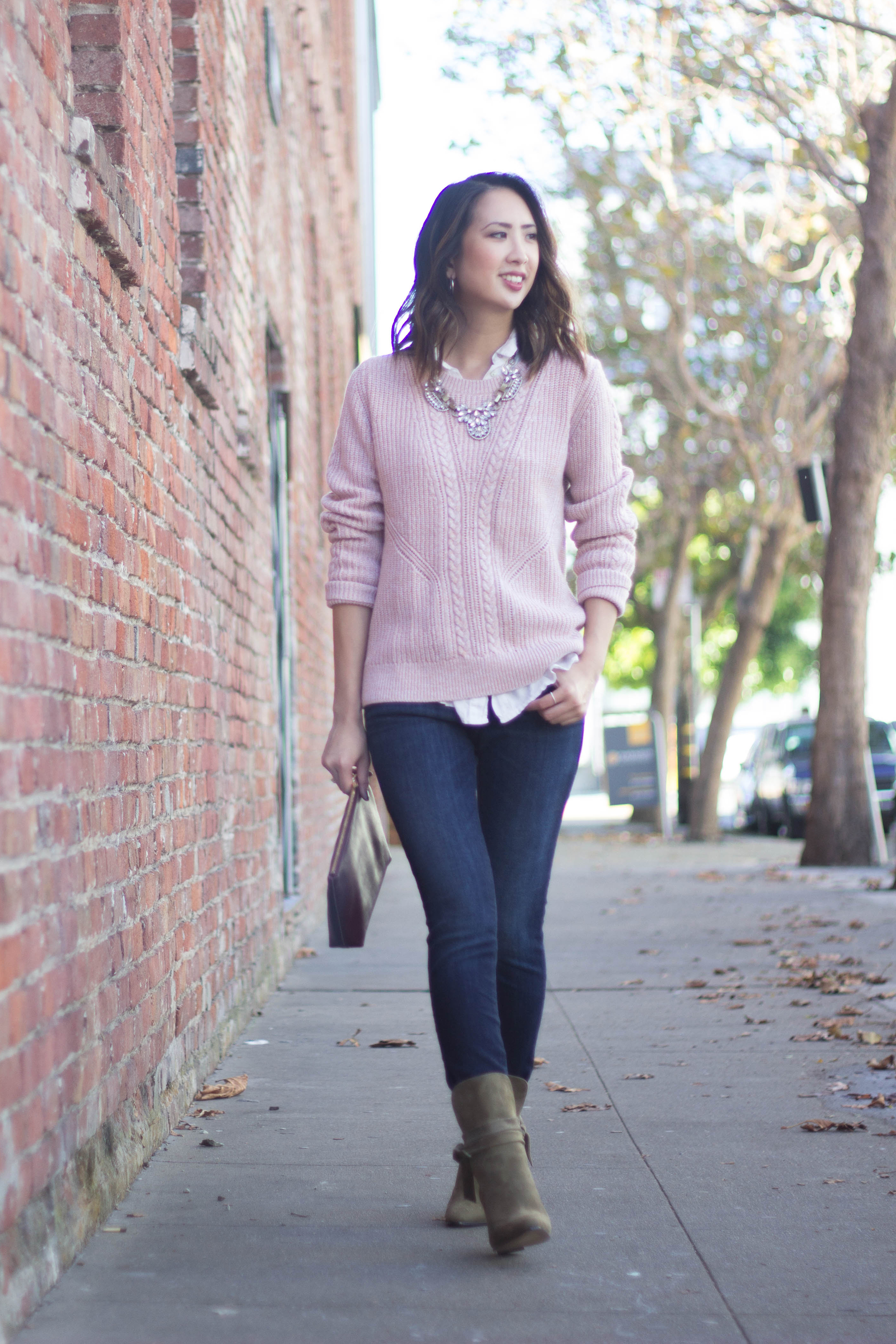 pink sweater with jeans