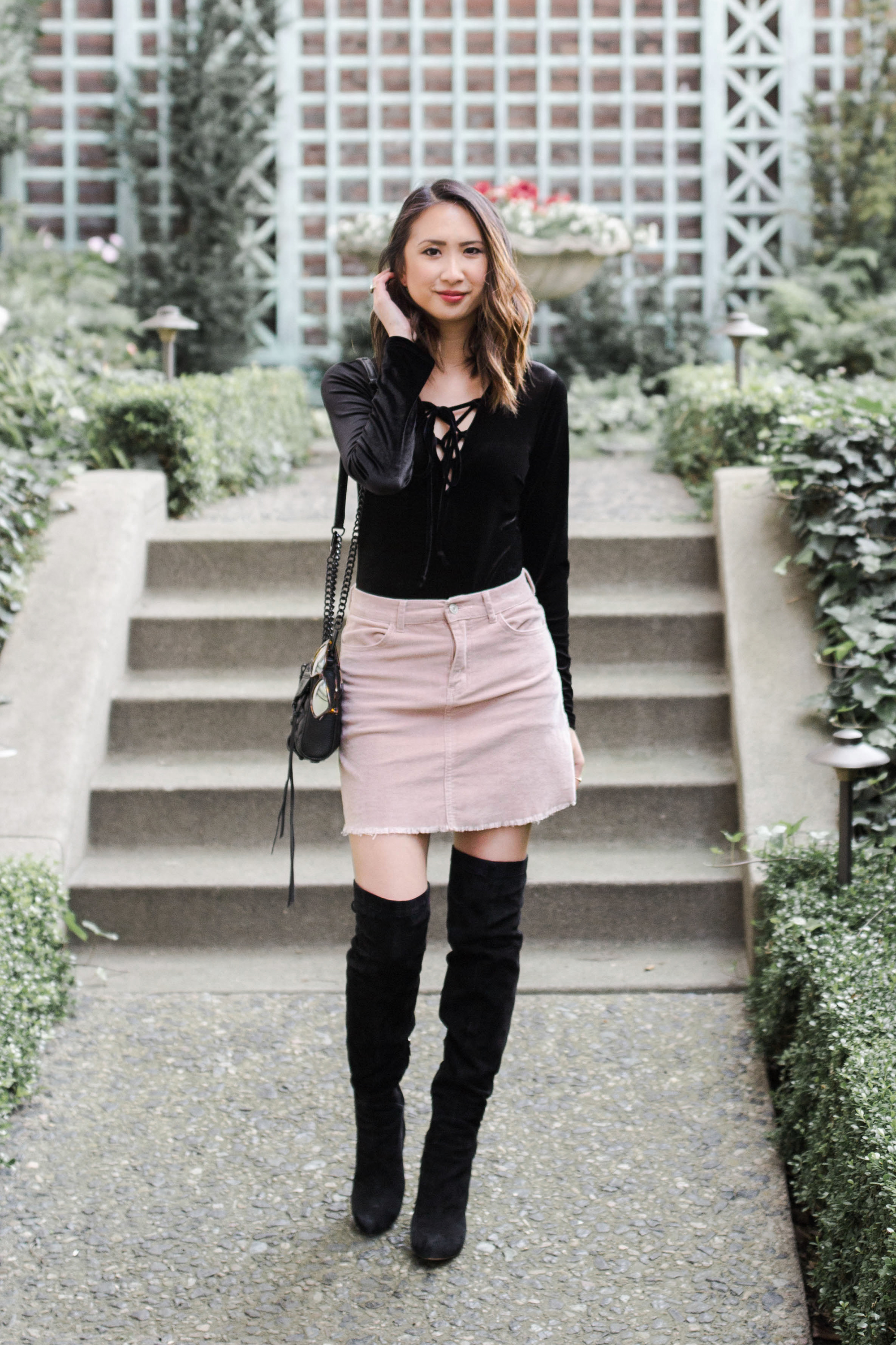 Rebecca Minkoff Amis suede trench coat, velvet lace up bodysuit, pink corduroy skirt, over the knee boots, rebecca minkoff mini mac quilted