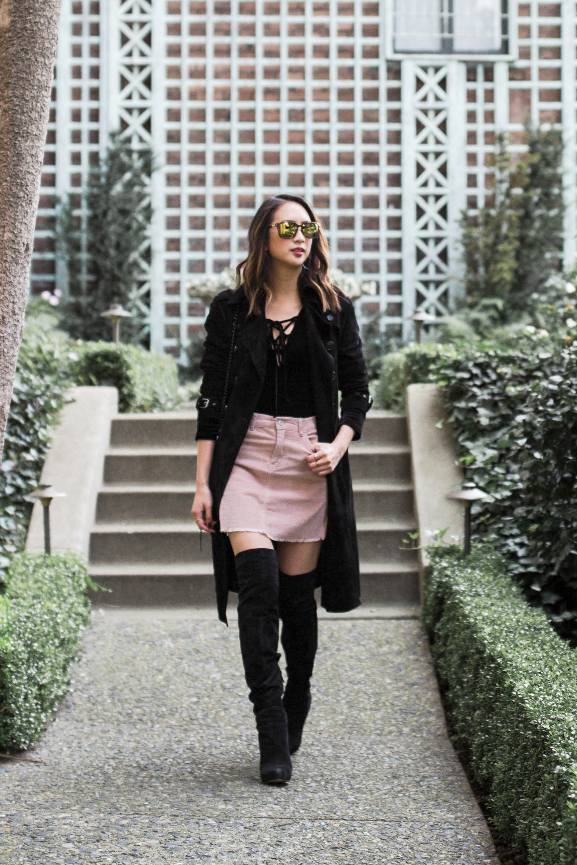 Rebecca Minkoff Amis suede trench coat, velvet lace up bodysuit, pink corduroy skirt, over the knee boots, rebecca minkoff mini mac quilted