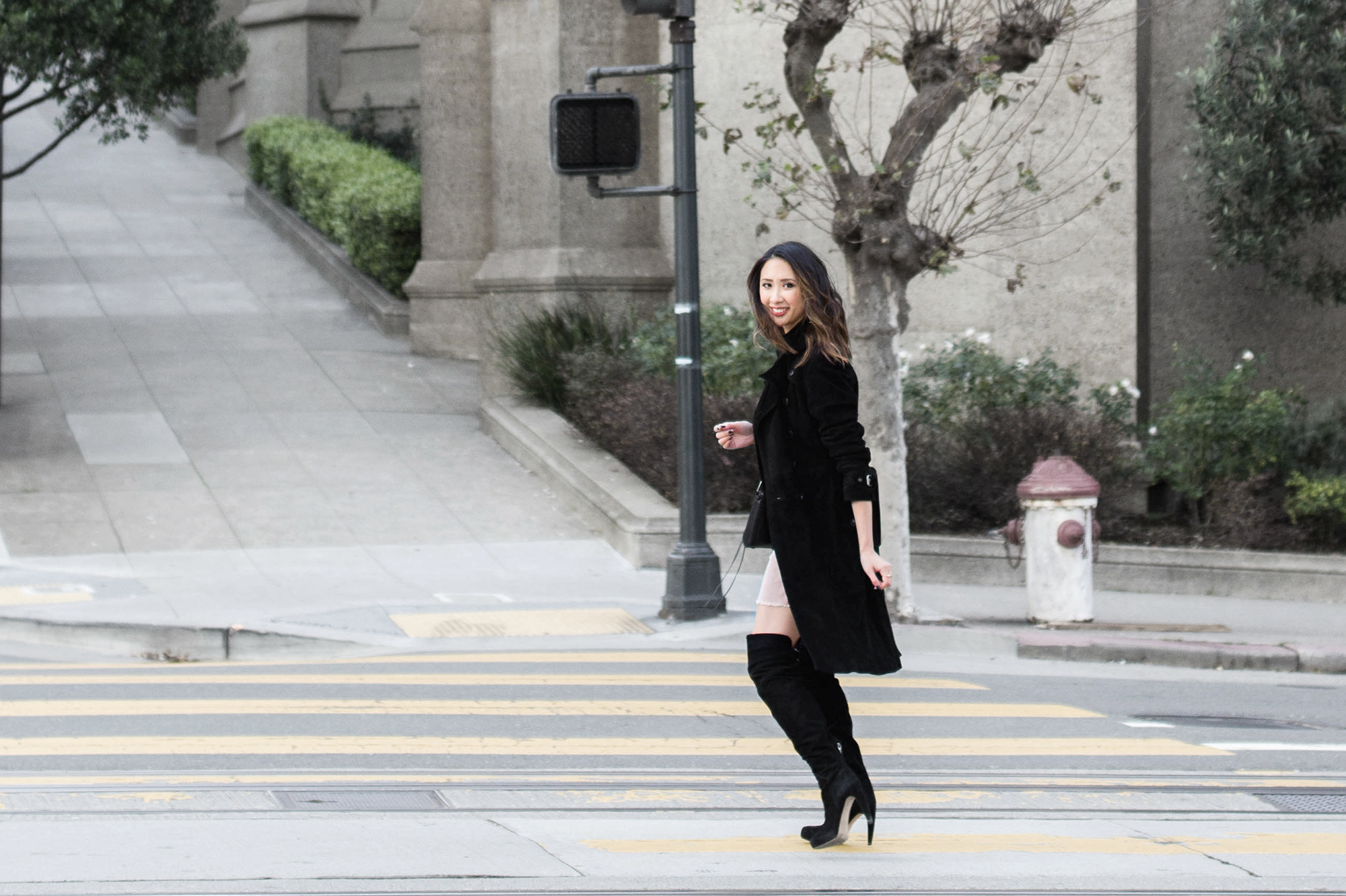 Rebecca Minkoff Amis suede trench coat, velvet lace up bodysuit, pink corduroy skirt, over the knee boots, rebecca minkoff mini mac quilted